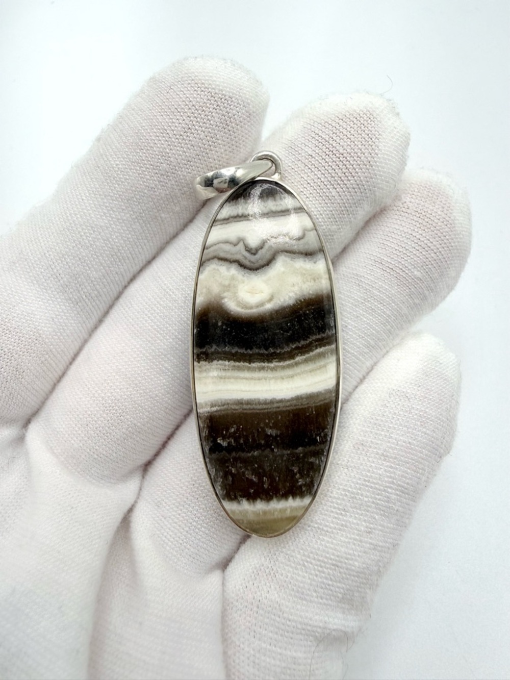 Zebra Calcite .925 Sterling Silver Long Oval Pendant